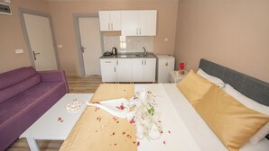A hotel room with a bed, a sofa, a small table, and a kitchenette. - PALVAN ACCOMMODATION (Antalya)