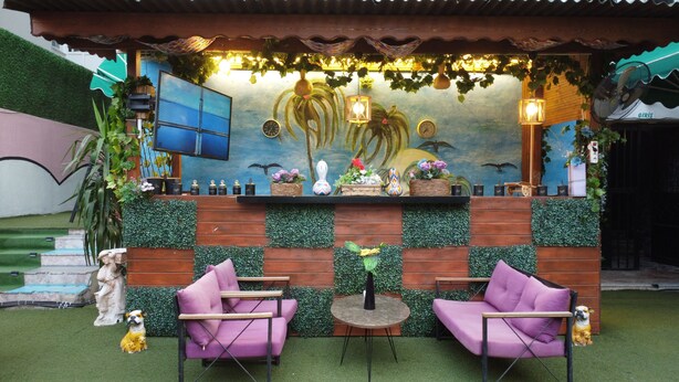 A cozy outdoor seating area with two purple chairs, a small round table, and a decorative wall with plants and a mural. - PALVAN ACCOMMODATION (Antalya)