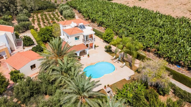 Una casa de dos pisos con piscina, rodeada de exuberante vegetación y un bananal.