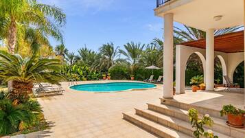 A swimming pool with steps leading to a covered area, surrounded by palm trees and potted plants.