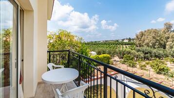 A balcony with a table and chairs, overlooking a vineyard and trees.