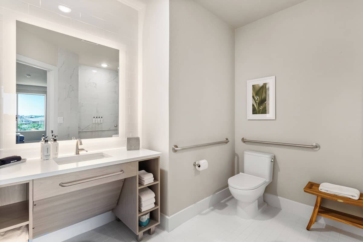 Standard Room, 2 Queen Beds, Accessible (Roll-In Shower) | Desk, laptop workspace, bed sheets