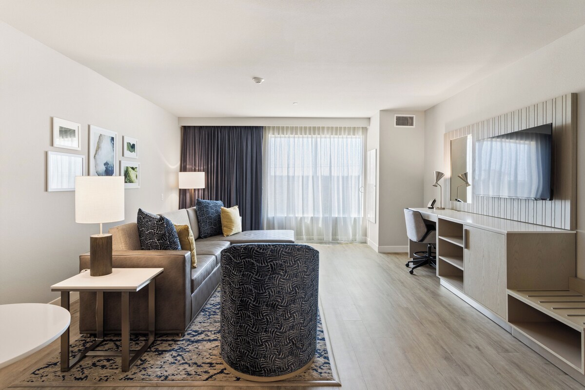 Une chambre d’hôtel moderne équipée d’un canapé, d’un pouf rond, d’un bureau et d’une télévision.