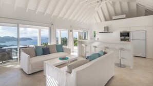 Un vaste espace de vie comprenant un canapé blanc, une table basse et un coin cuisine équipé d’appareils électroménagers modernes.