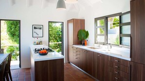 Eine moderne Küche mit Holzausstattung, einer zentralen Kochinsel und großen Fenstern mit Blick auf Grünflächen.