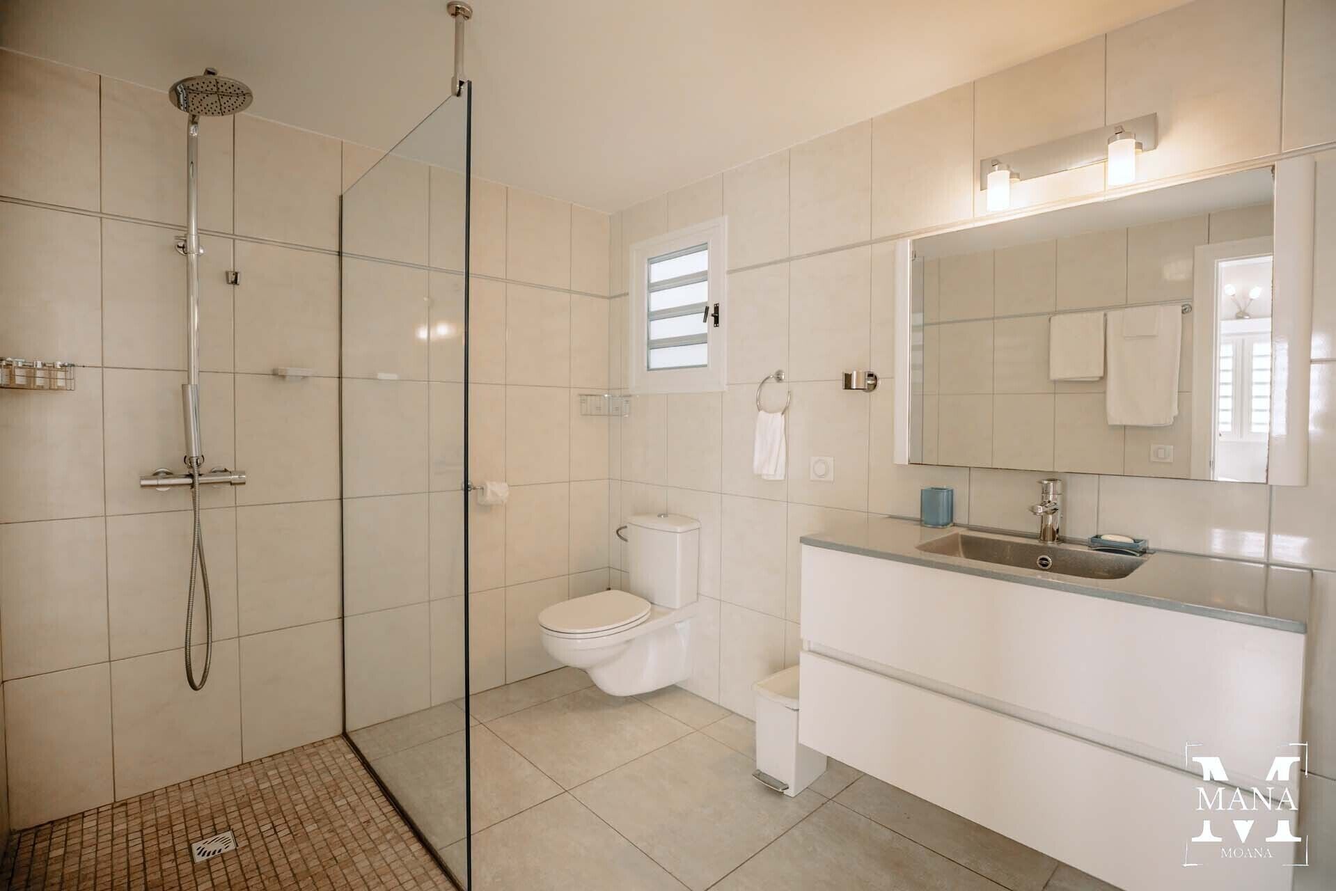 A modern bathroom with a glass shower enclosure, a toilet, and a vanity with a sink and mirror.