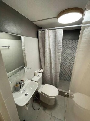 Shower, towels, toilet paper