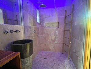 Shower, hair dryer, towels, soap