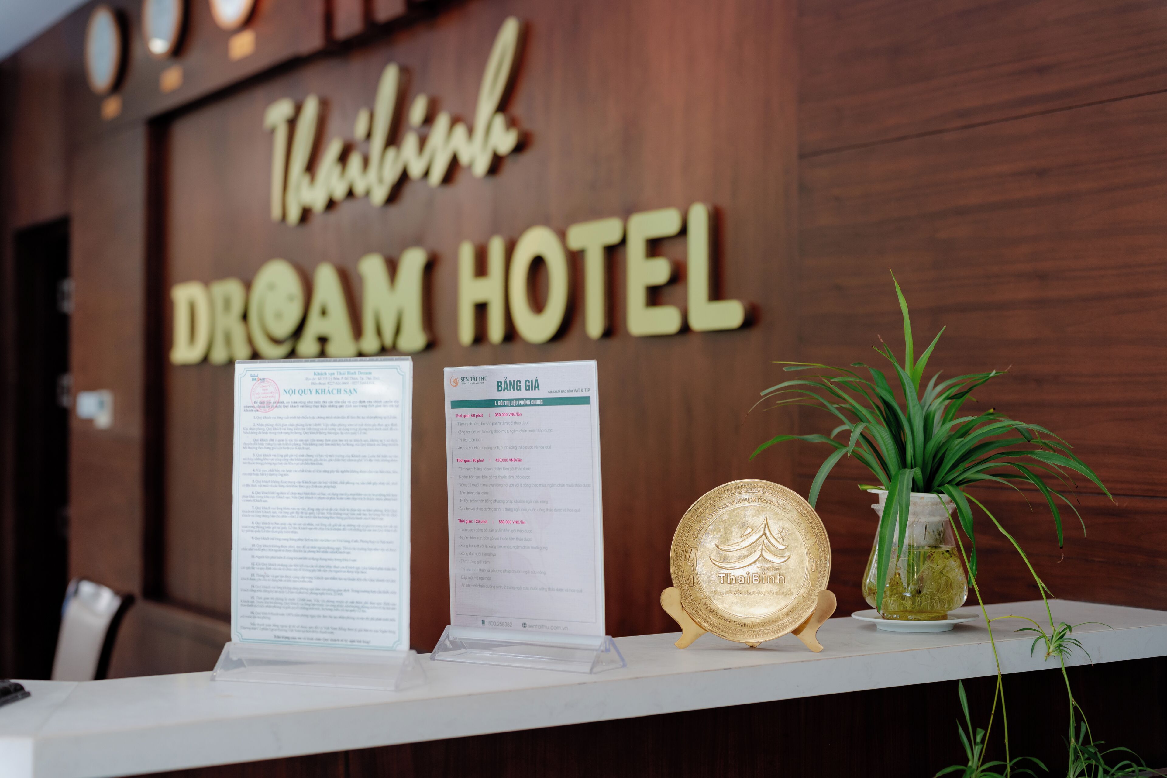 A reception desk with a wooden wall, a sign reading 'ThaiBinh Dream Hotel', and a gold coin on display.