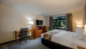 Ein Hotelzimmer mit Bett, Schreibtisch, Stuhl, Fernseher und einem Fenster mit Vorhängen.