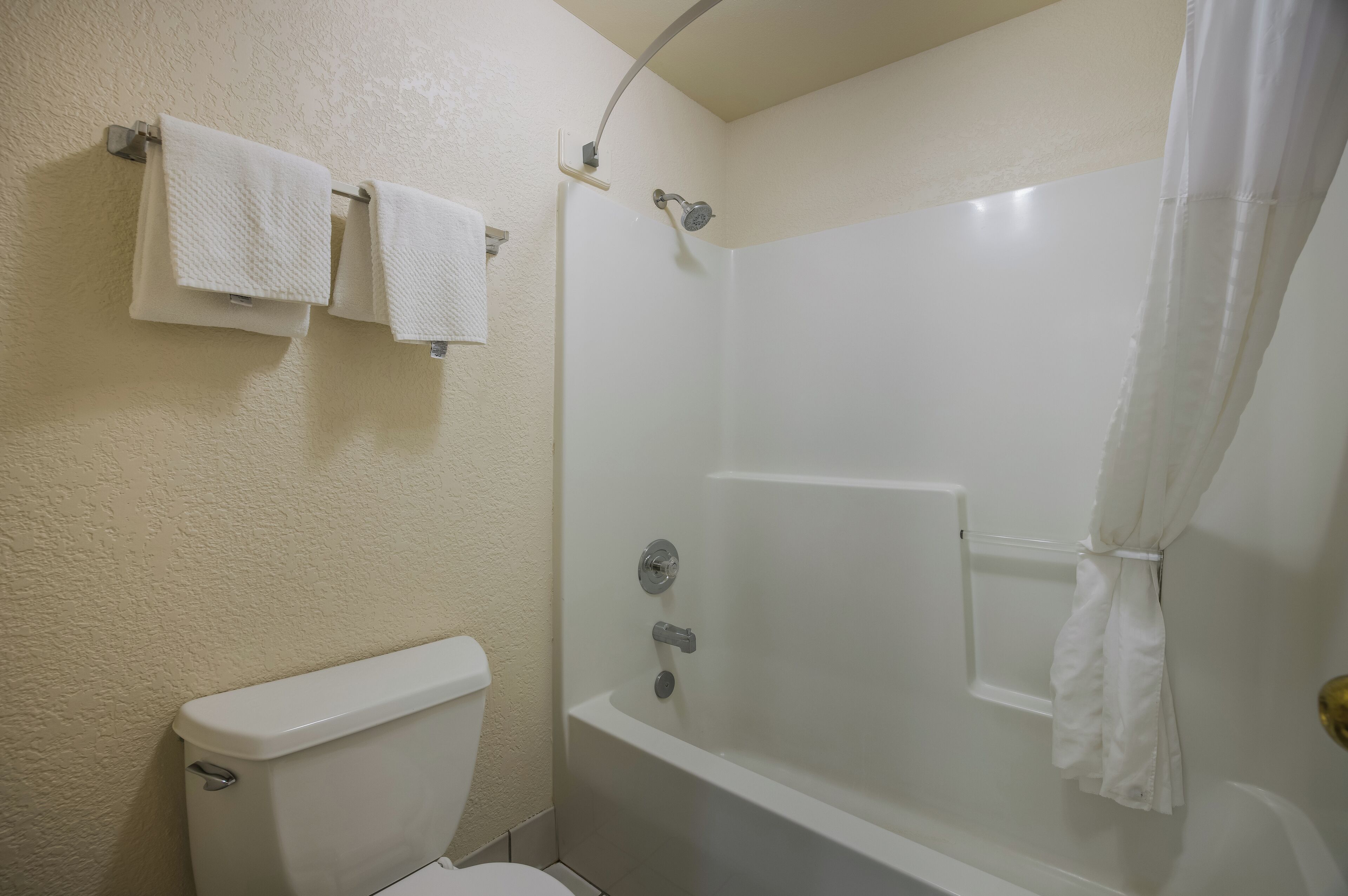A bathroom with a toilet, a bathtub, and a shower curtain.