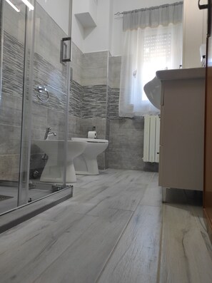 Douche, bidet, serviettes fournies, papier toilette