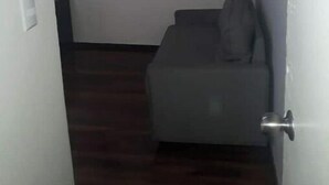 Una habitación con un sofá gris, suelo de madera y una pared blanca con un cuadro enmarcado.