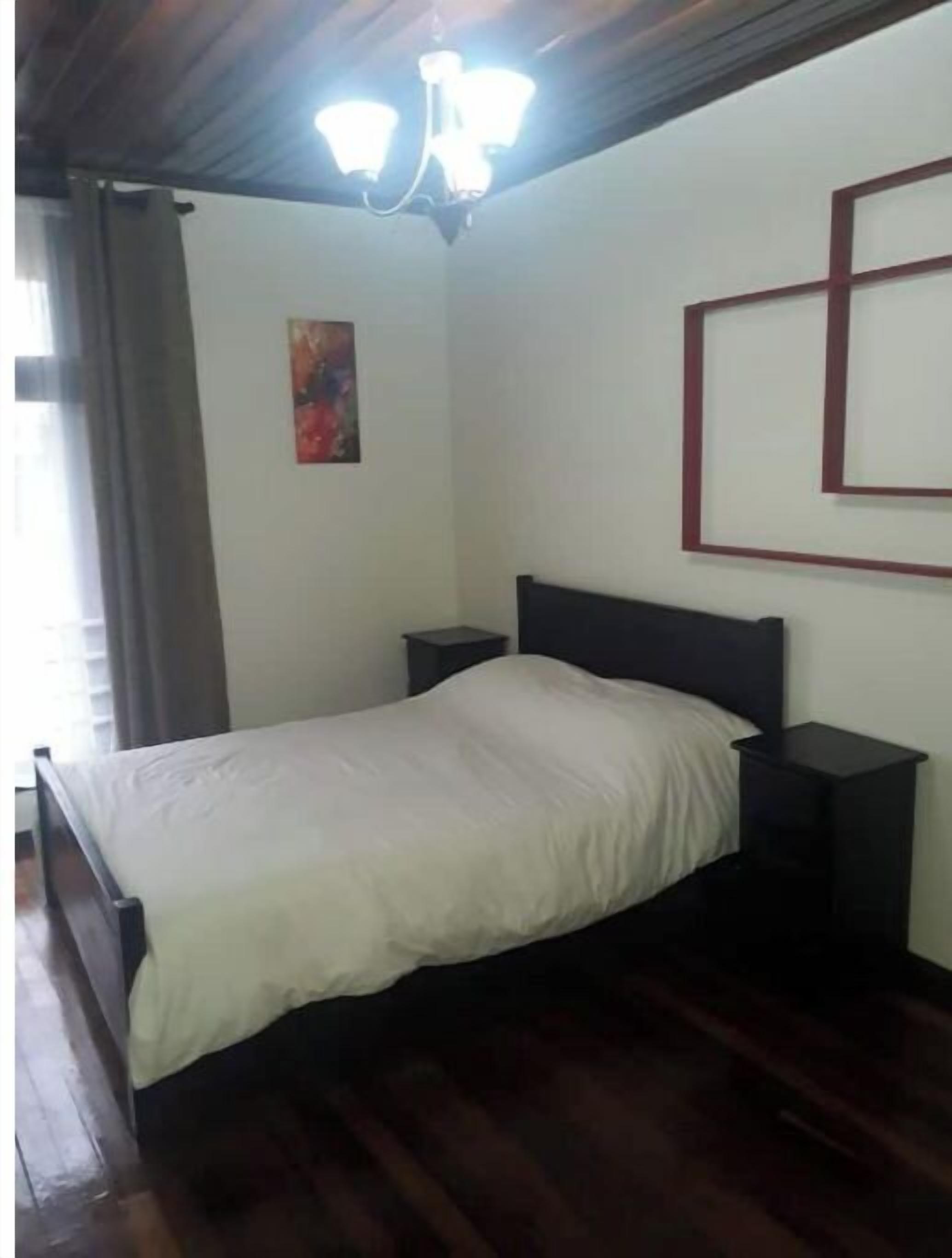 A bedroom with a bed, two nightstands, a ceiling light fixture, a painting on the wall, and a window with curtains.