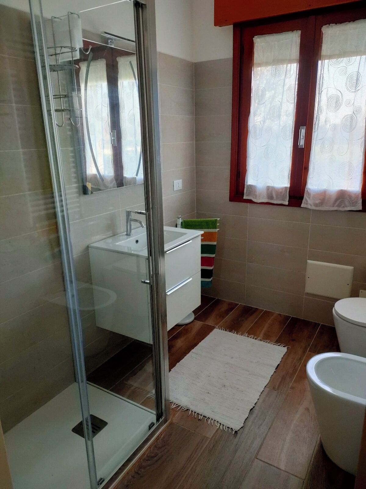 Shower, hair dryer, bidet, towels