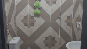 Secador de cabelo, toalhas de banho, sabonete, papel higiênico