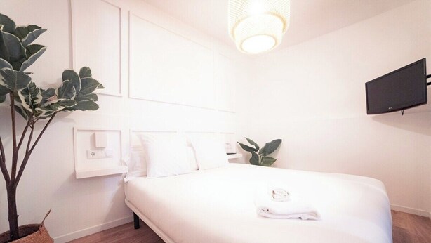 A modern hotel room with a large bed, white bedding, a flat-screen TV mounted on the wall, and a potted plant. - Apartment Sol "Ferrol". (Ferrol)