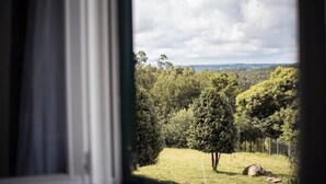 A view through a window of a grassy area with trees and a fence. - House O Carteiro "Cedeira". (Cedeira)