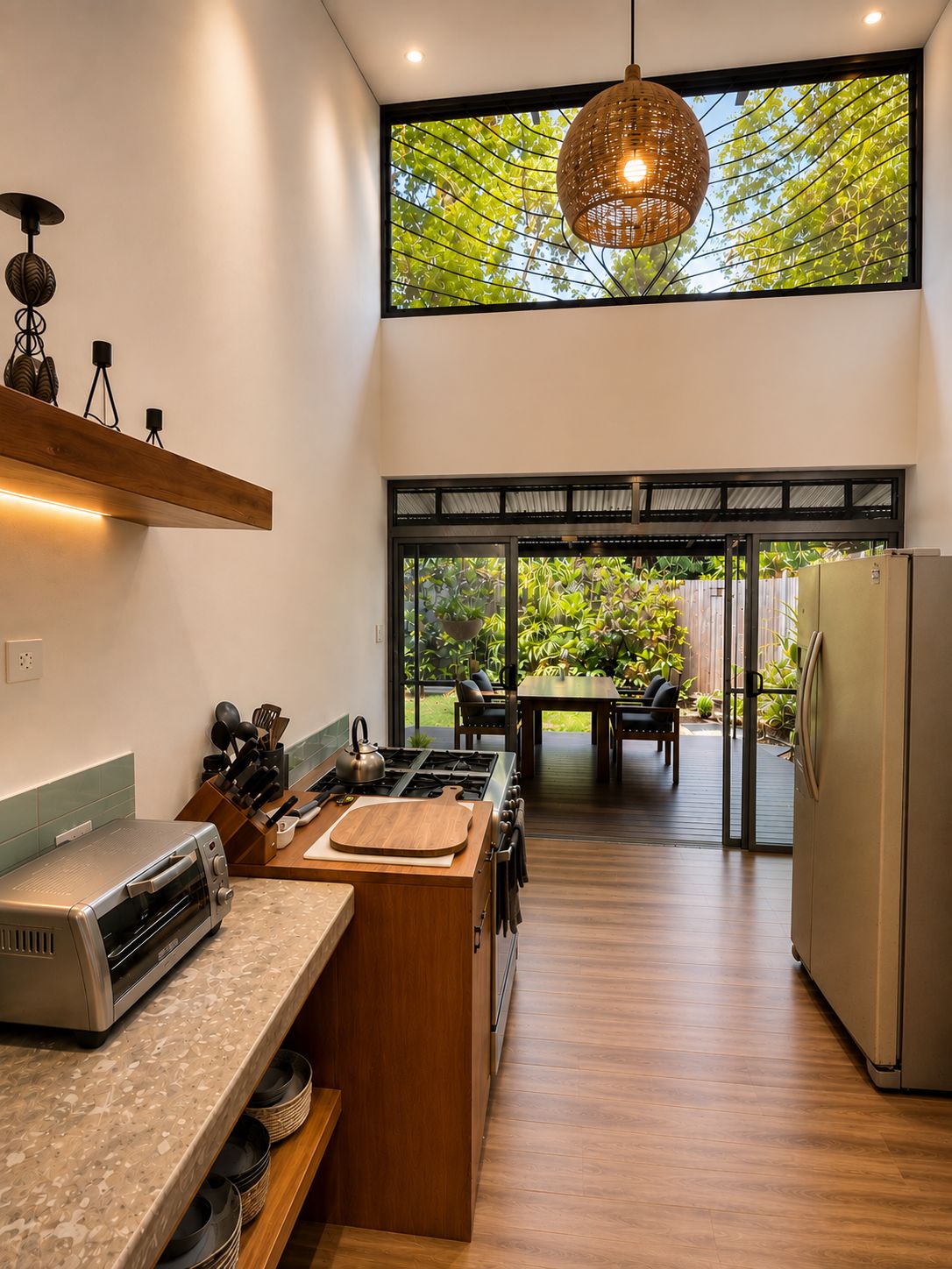 A modern kitchen with a built-in gas stove, a toaster, and a large window overlooking a garden.
