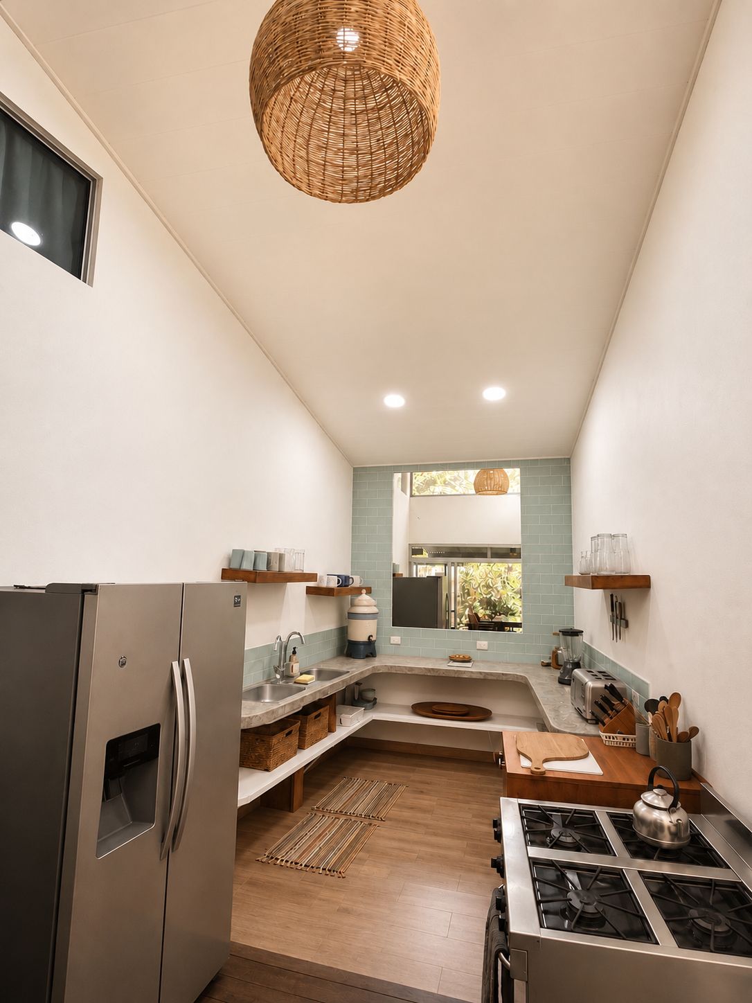 A modern kitchen with a stainless steel refrigerator, a gas stove, and a hanging light fixture.