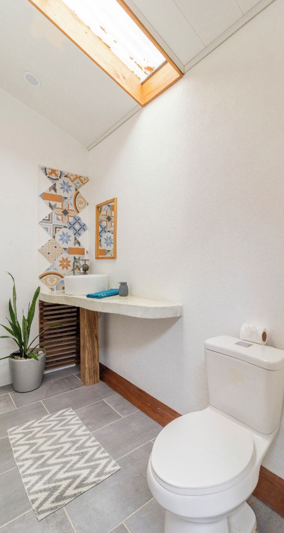 A bathroom with a skylight, a sink, a toilet, and a patterned rug.