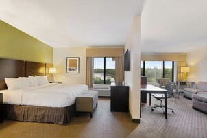 Habitación de hotel con una cama grande, un escritorio, una silla, un sofá y vistas al exterior.