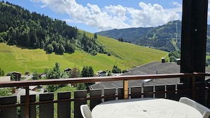 A balcony with a view of a green valley, houses, and a clear sky.
