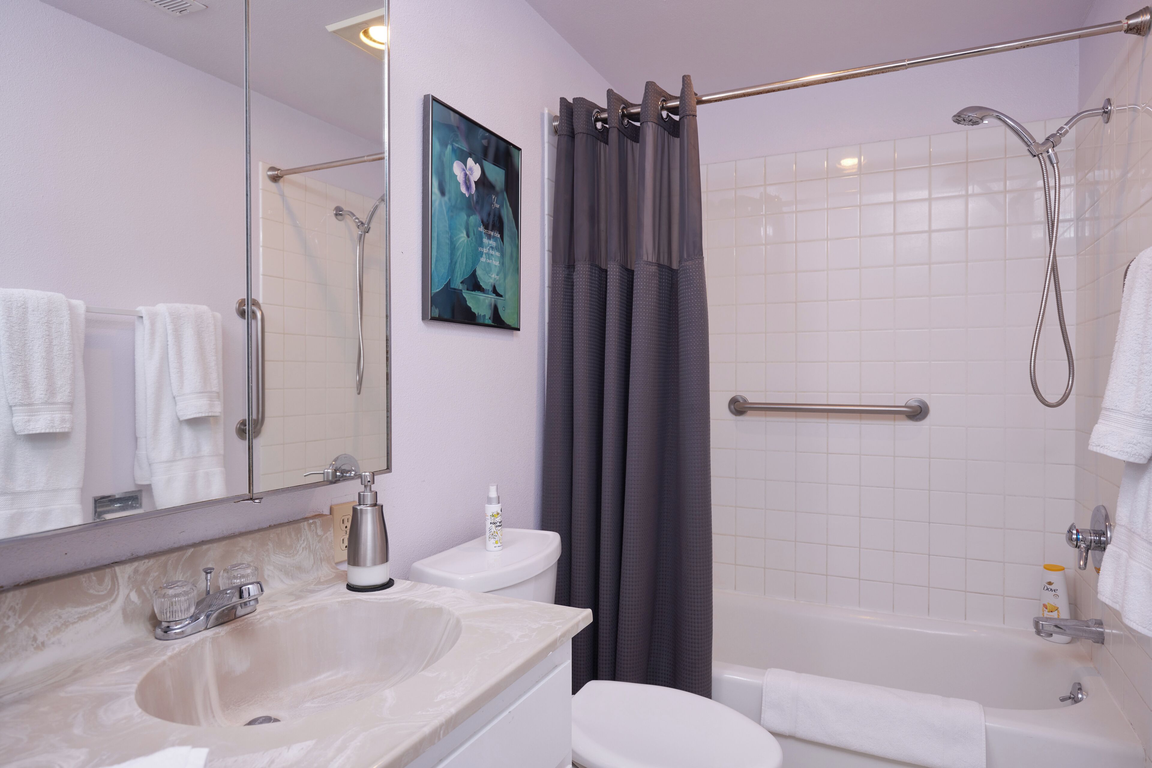 Hair dryer, towels, soap, shampoo