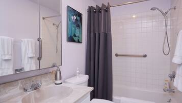 Hair dryer, towels, soap, shampoo