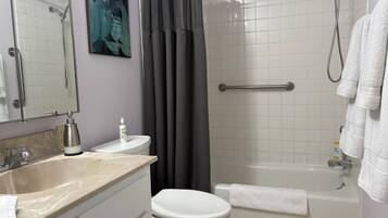 Hair dryer, towels, soap, shampoo
