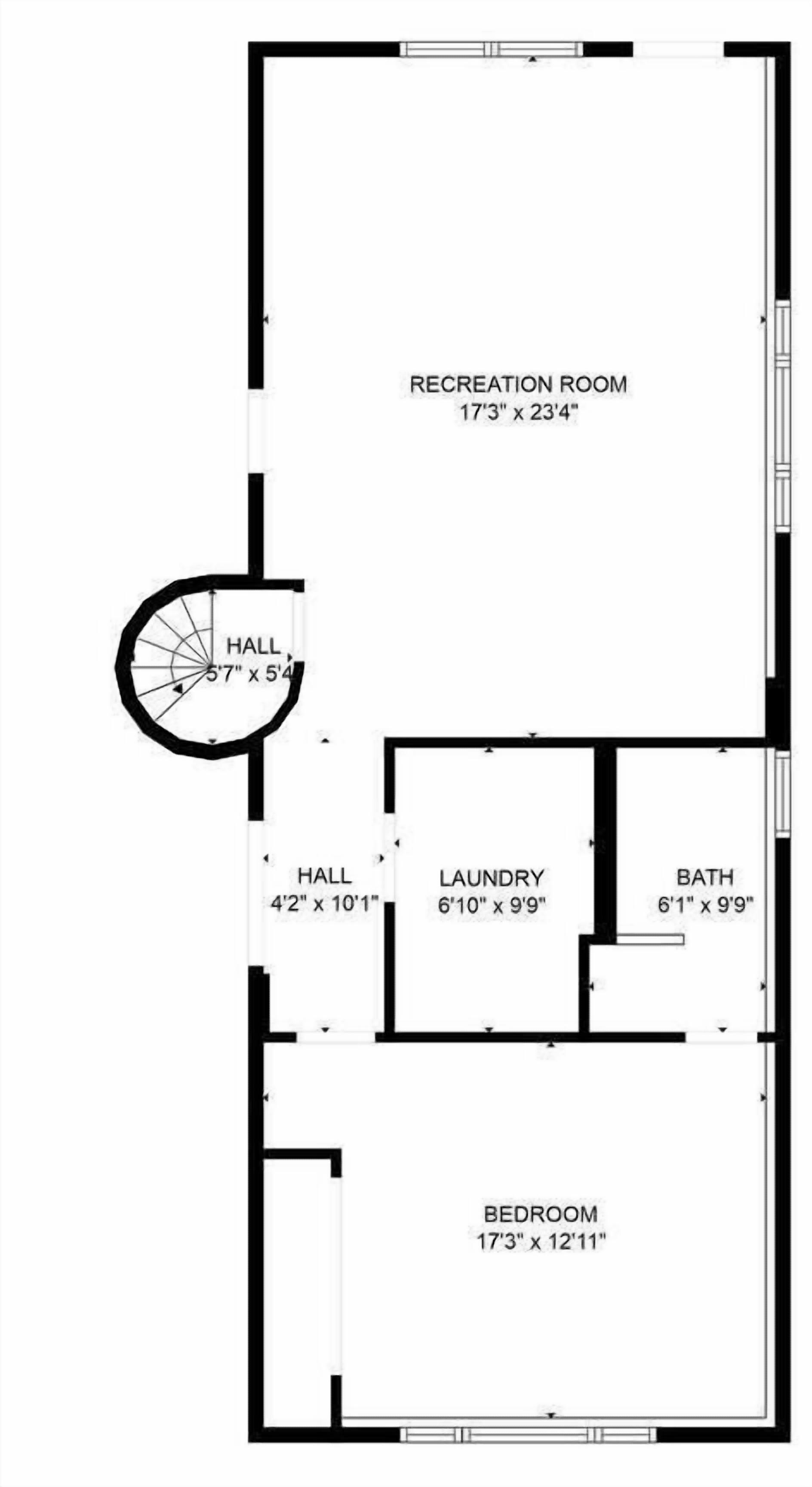 A floor plan with a recreation room, two hallways, a bedroom, a bathroom, and a laundry area.