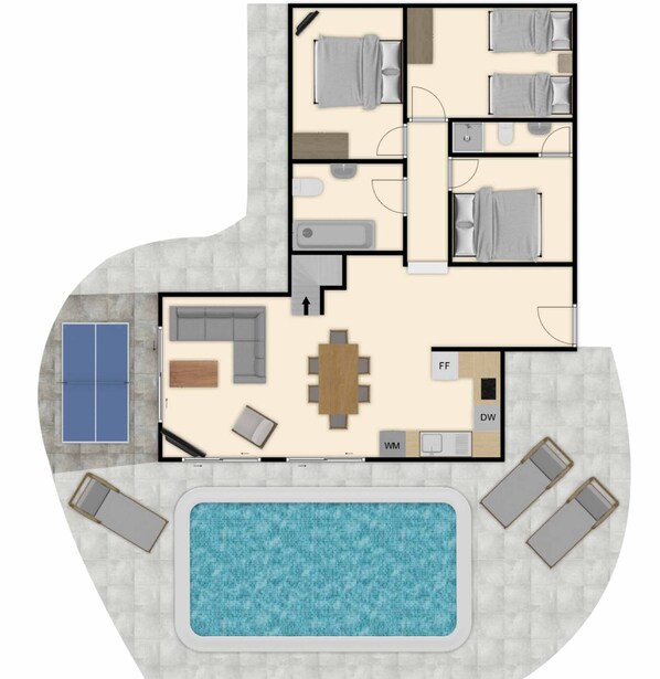 Plano de distribución de un hotel que muestra una zona de piscina, varias habitaciones, un comedor y un baño.