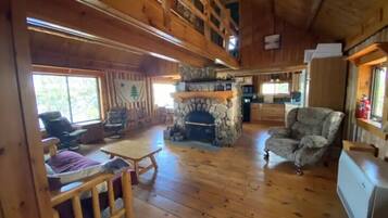 Fernseher, Kamin, Bücher, Videothek