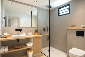 Dusche, Haartrockner, Handtücher, Seife