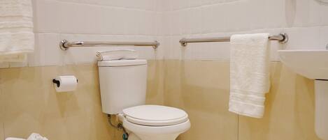 Un baño pequeño y limpio con inodoro, barras de apoyo, lavamanos y un perchero para toallas.