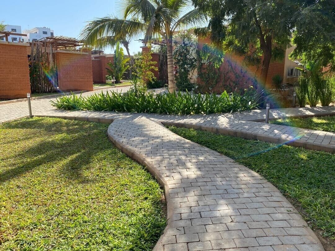 A paved pathway curving through a landscaped area with grass and plants, leading to a building with a brick wall and a wooden pergola.