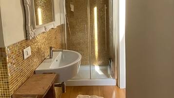 Shower, hair dryer, bidet, towels