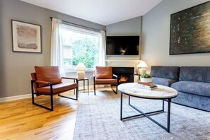 Smart TV, chimenea, reproductor de DVD y libros