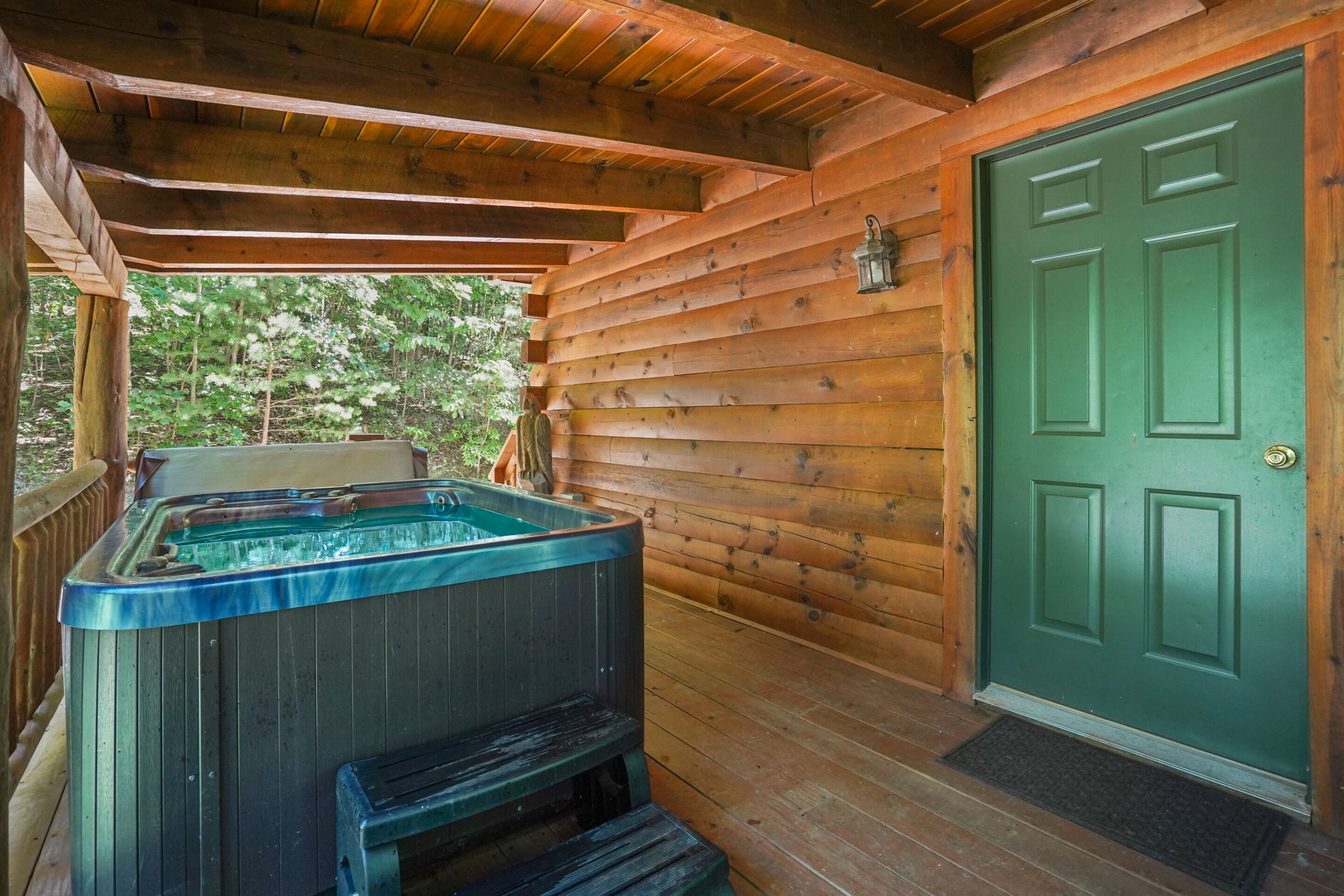 Une cabane en bois avec un jacuzzi et une porte verte.