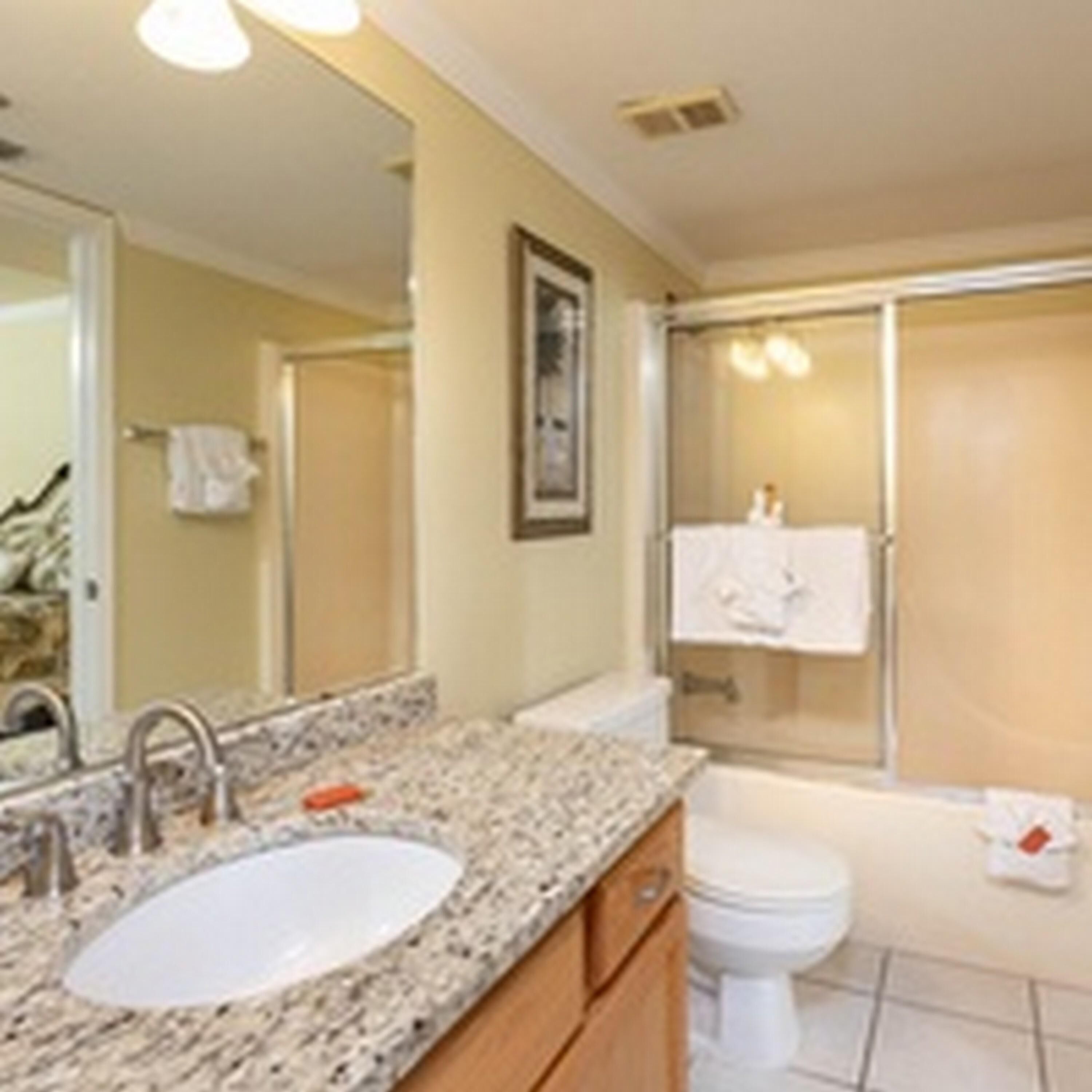 A bathroom with a granite countertop, a sink, a toilet, and a shower area.