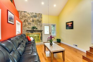 TV, fireplace, books