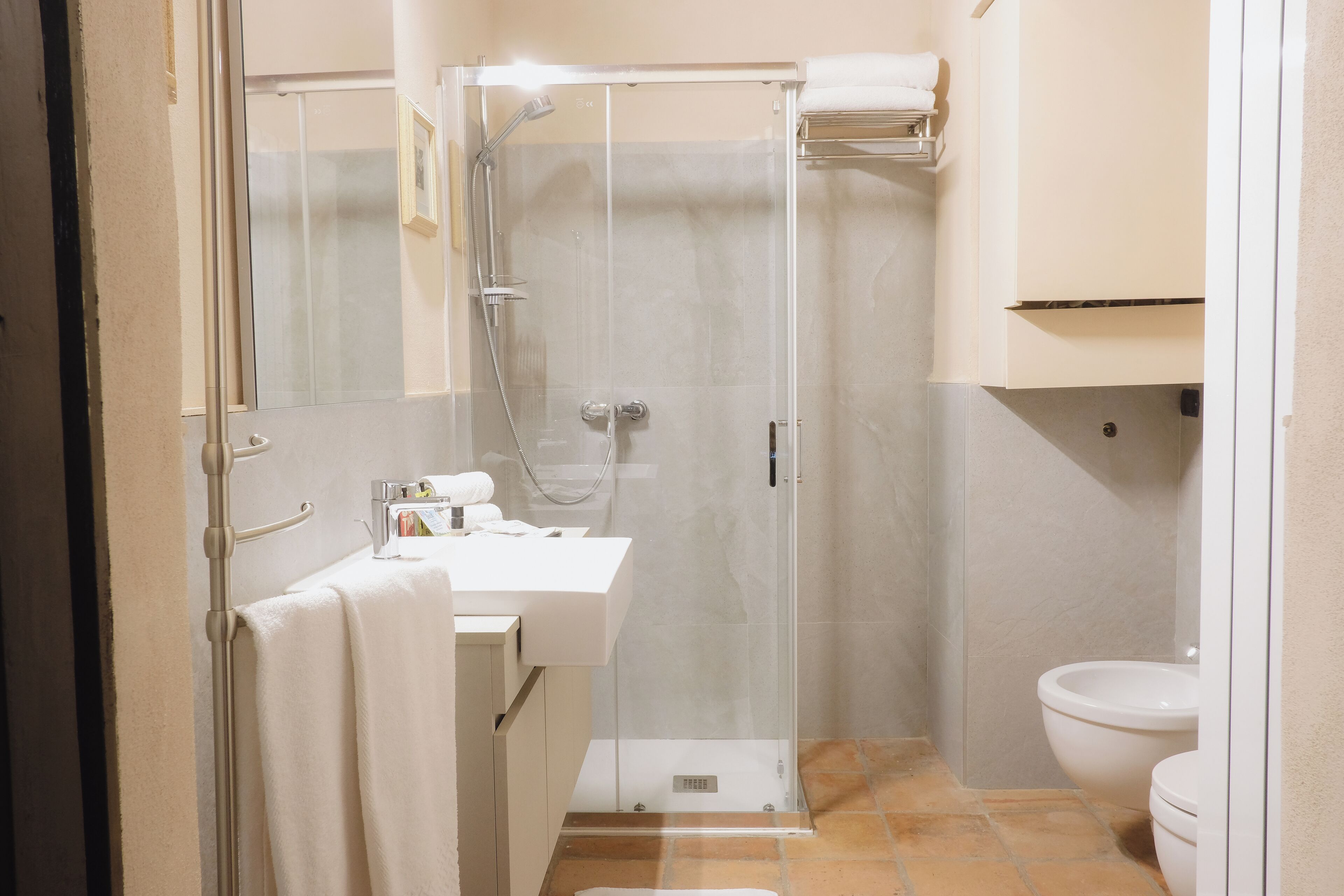 Un baño moderno con ducha de vidrio, un lavamanos blanco y un inodoro.