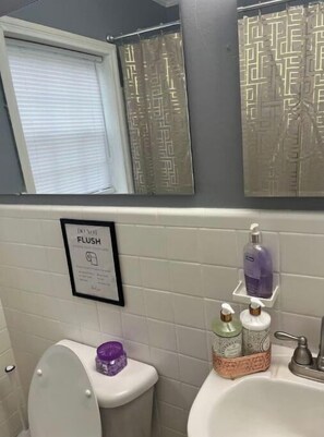 Hair dryer, towels, soap, shampoo