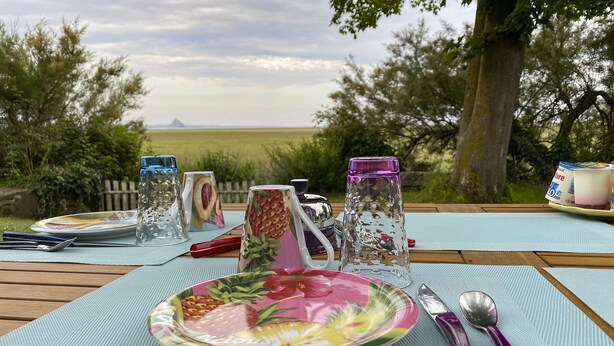Een picknickopstelling met een bord eten, bestek en een glazen pitcher op een tafel met uitzicht op een veld en bomen.