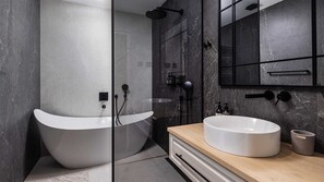 Combined shower/tub, hair dryer, towels
