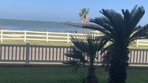 A view of a beach with a white fence, palm trees, and a pier extending into the water. - Spring Pricing at Seaside Bungalow (Rockport)