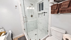 A modern bathroom with a glass-enclosed shower, a toilet, and a sink.