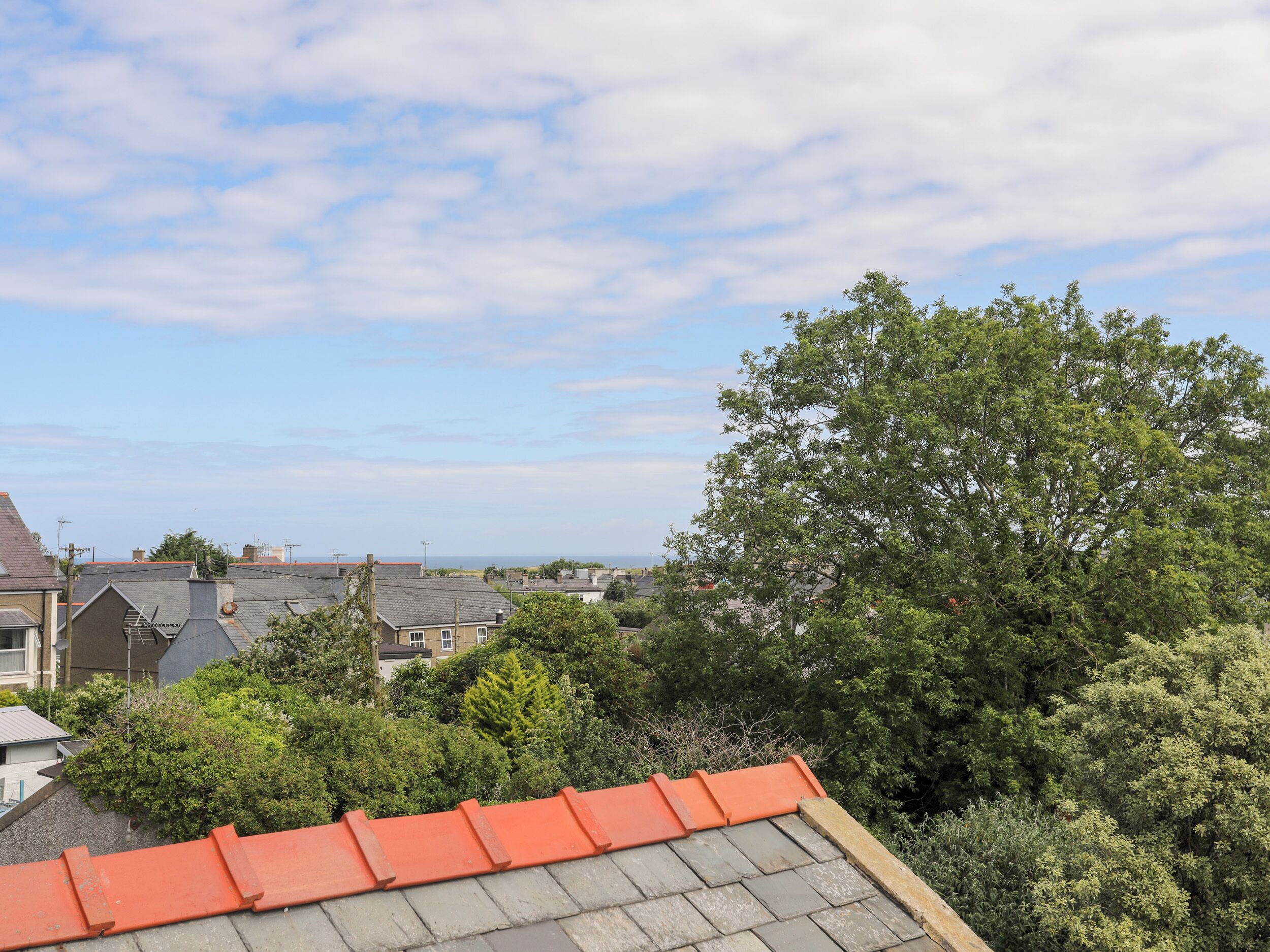 A residential area with houses, trees, and a clear sky.