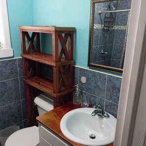 Bathroom features a toilet, sink, and shower area.