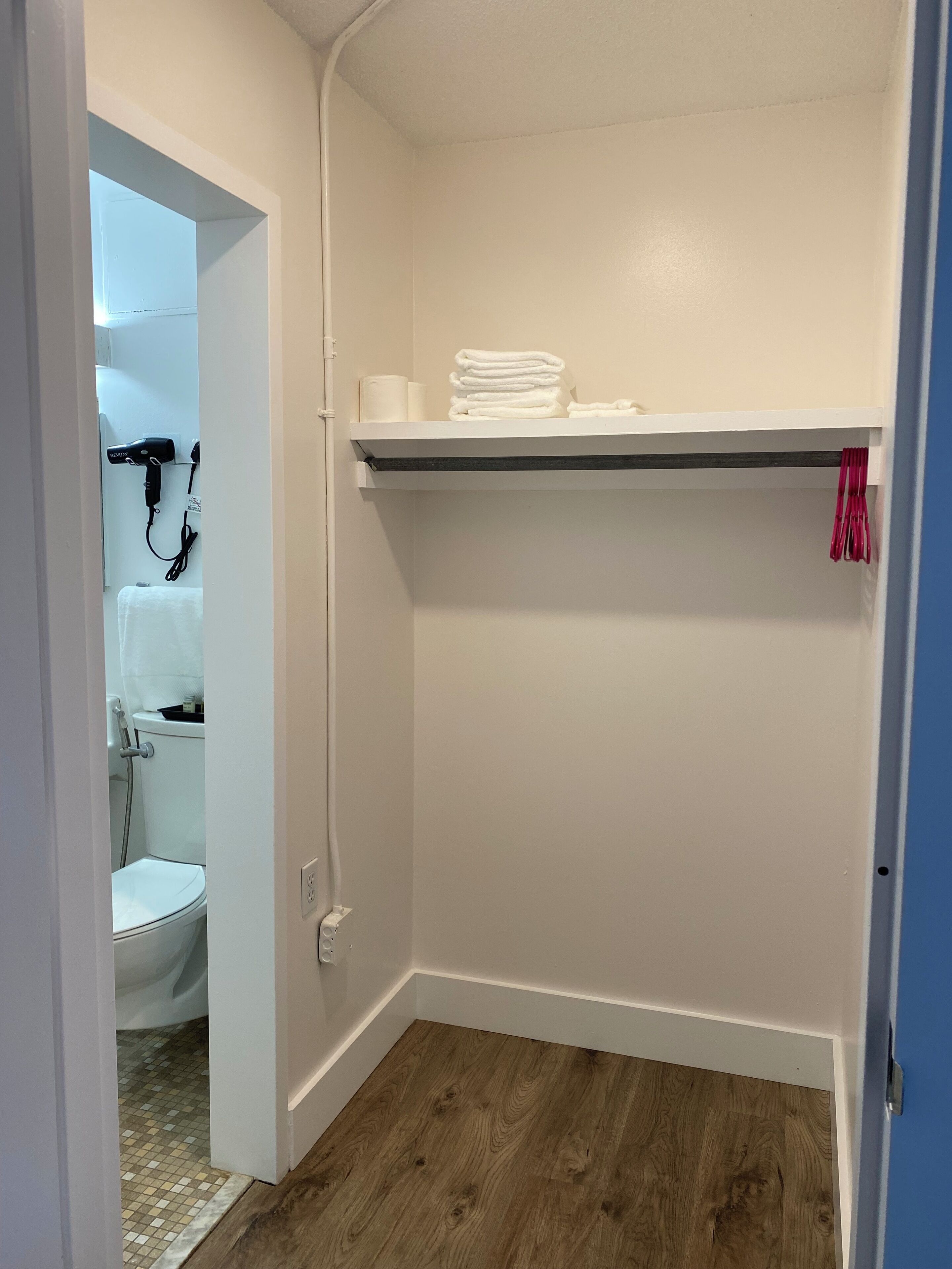 Hair dryer, towels, soap, shampoo